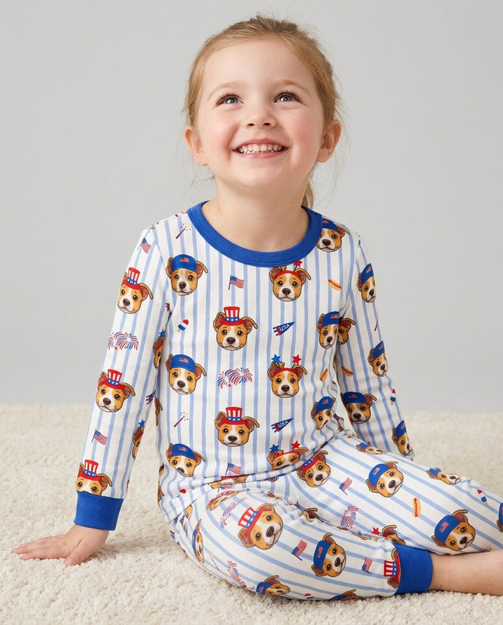 Custom Pet Image 4th of July Family Matching Bamboo Two Piece Long Sleeve Pajama Set