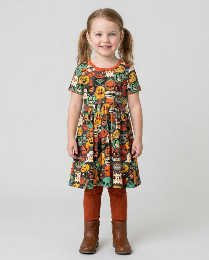 Retri Halloween Monsters Bamboo Twirl Dress