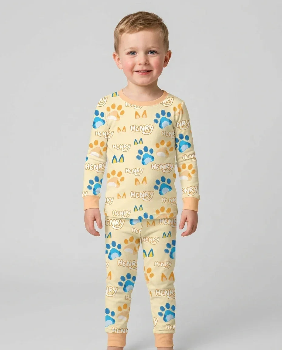 Custom Name Favourite Blue Dog Family Matching Bamboo Two Piece Long Sleeve Pajama Set