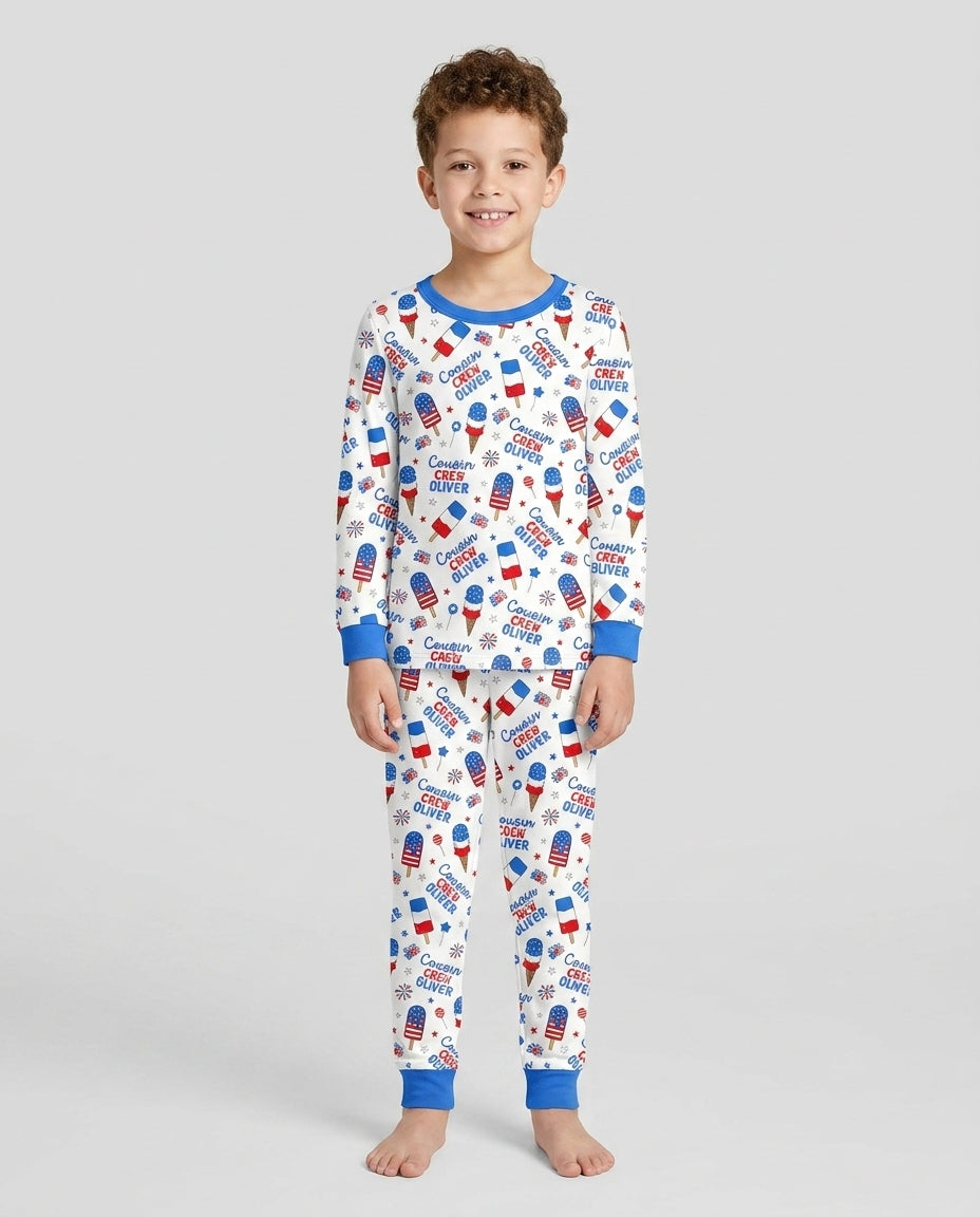 Custom Name 4th of July Cousin Crew Bamboo Two Piece Long Sleeve Pajama Set