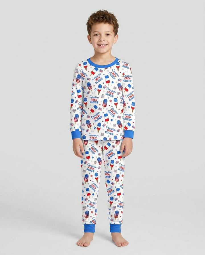 Custom Name 4th of July Cousin Crew Bamboo Two Piece Long Sleeve Pajama Set