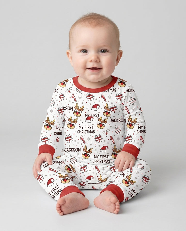 Custom Name Reindeer Doodle My First Christmas Bamboo Two Piece Long Sleeve Pajama Set