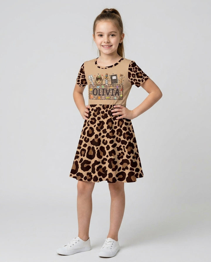 Custom Name School Sweetheart Leopard Bamboo Twirl Dress