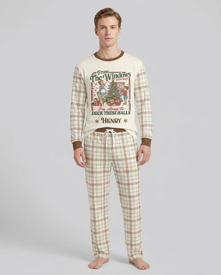Custom Name Vintage Deck The Halls Bamboo Men's Pajama Set
