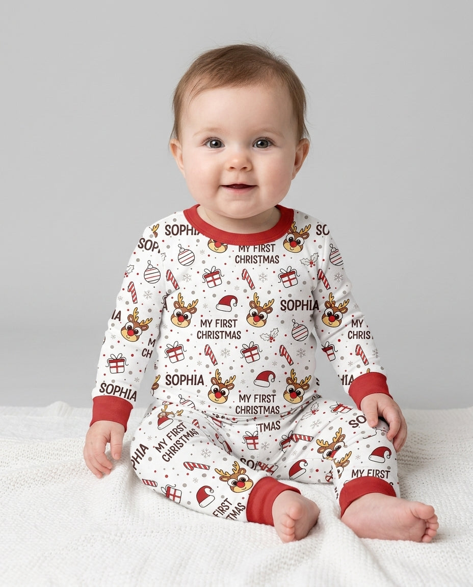 Custom Name Reindeer Doodle My First Christmas Bamboo Two Piece Long Sleeve Pajama Set