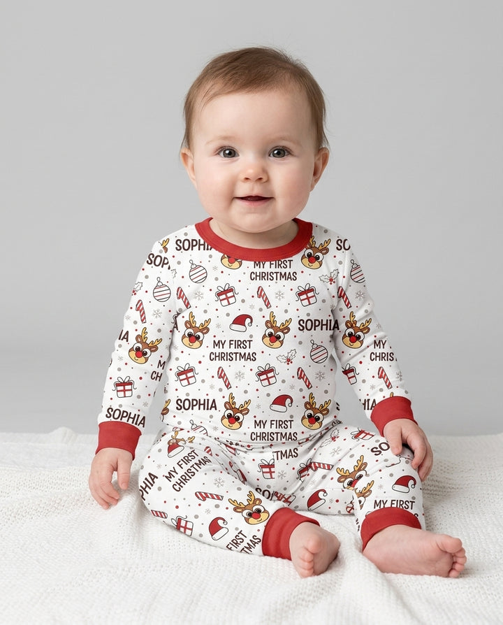Custom Name Reindeer Doodle My First Christmas Bamboo Two Piece Long Sleeve Pajama Set