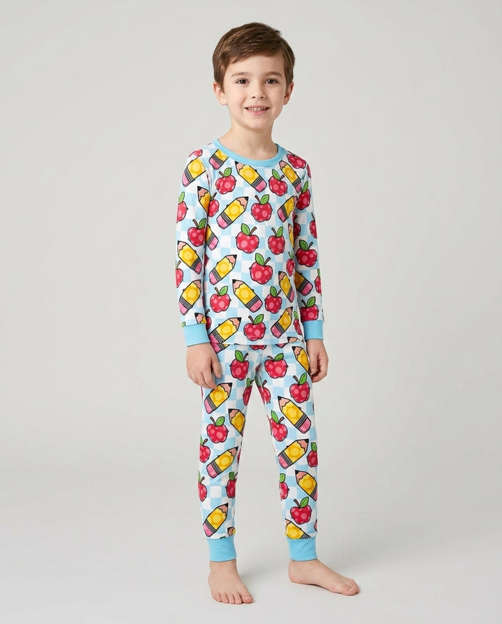 Checkered Apple Scribbles Bamboo Two Piece Long Sleeve Pajama Set