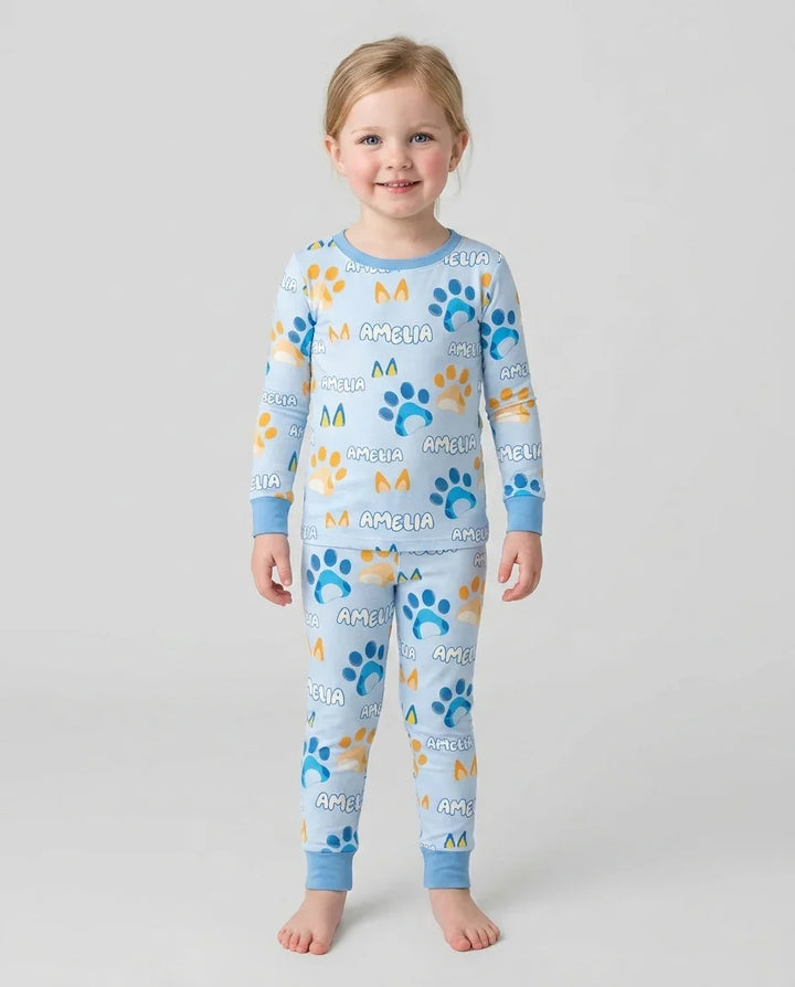 Custom Name Favourite Blue Dog Family Matching Bamboo Two Piece Long Sleeve Pajama Set