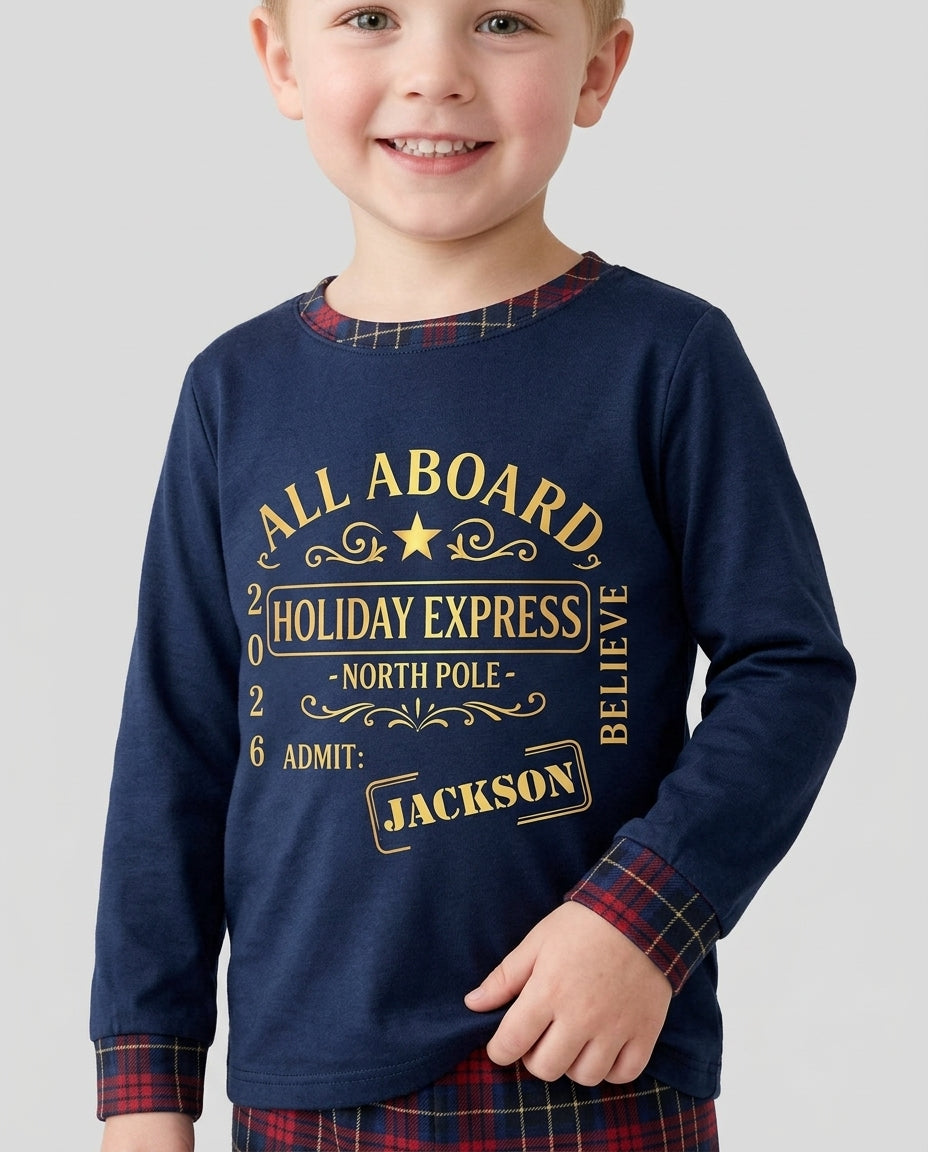 Custom Name North Pole Plaid Bamboo Two Piece Long Sleeve Pajama Set