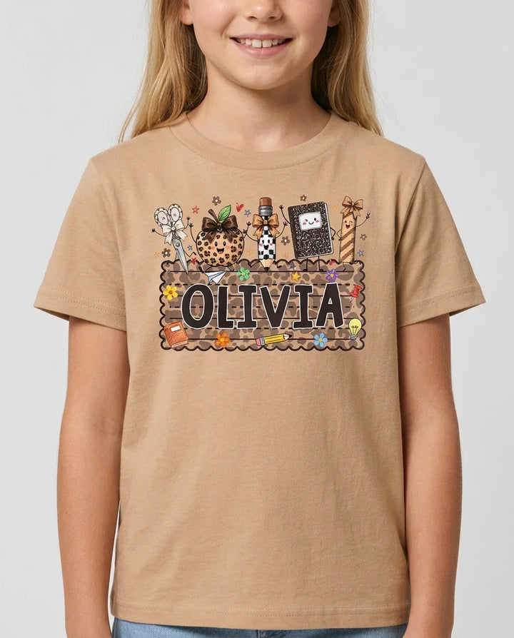 Custom Name School Sweetheart Leopard Bamboo Crewneck T-Shirt