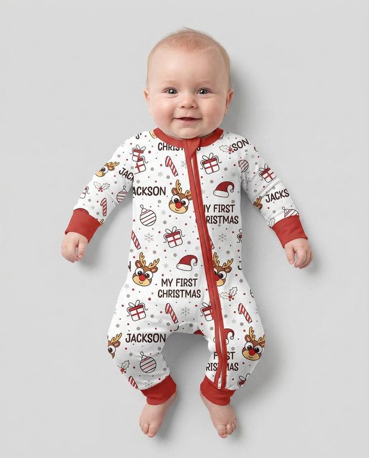 Custom Name Reindeer Doodle My First Christmas Bamboo Convertible Zippy