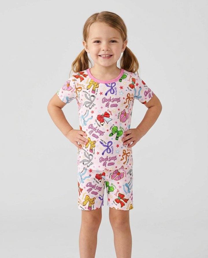 Pencil Bows God Says I Am Bamboo Two Piece Short Sleeve Shorts Pajama Set