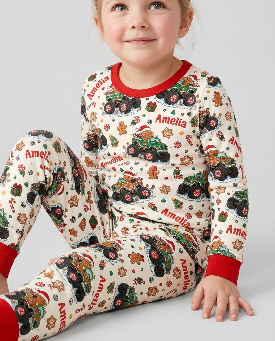 Custom Name Monster Truck Gingerbread Bamboo Two Piece Long Sleeve Pajama Set