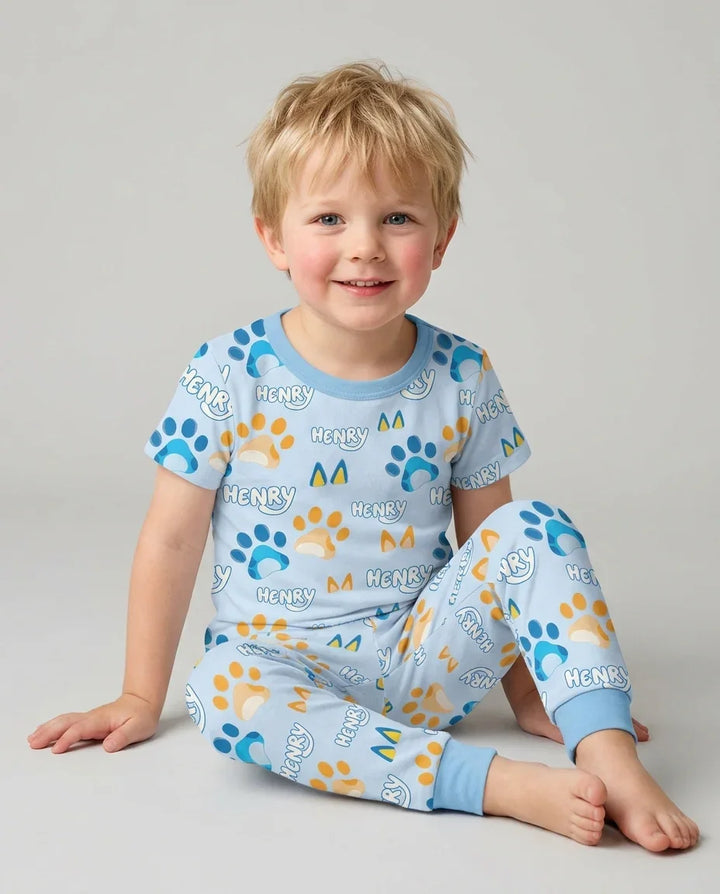 Custom Name Favourite Blue Dog Family Matching Bamboo Two Piece Short Sleeve Pajama Set