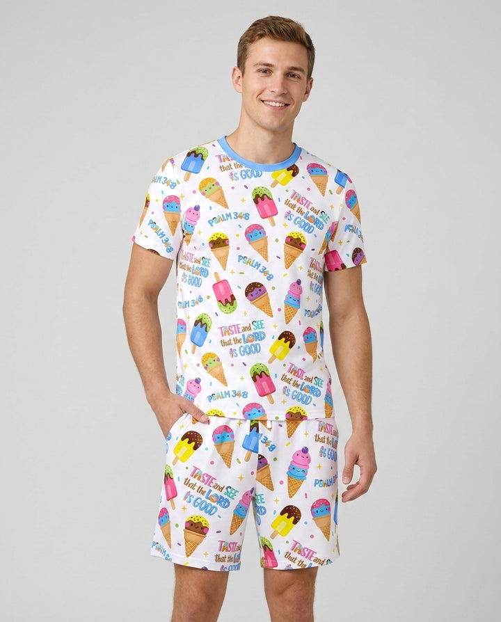 Jesus Summer Ice Cream Taste and See That The Lord Is Good Bamboo Men Short Sleeve Short Pajama Set