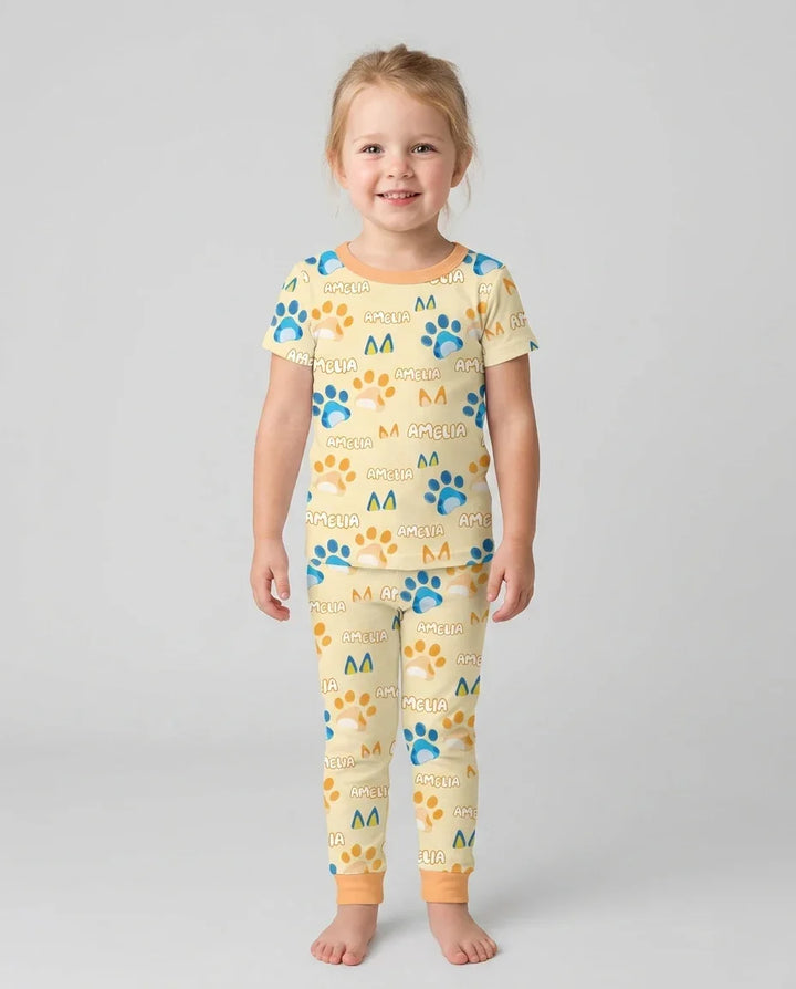 Custom Name Favourite Blue Dog Family Matching Bamboo Two Piece Short Sleeve Pajama Set