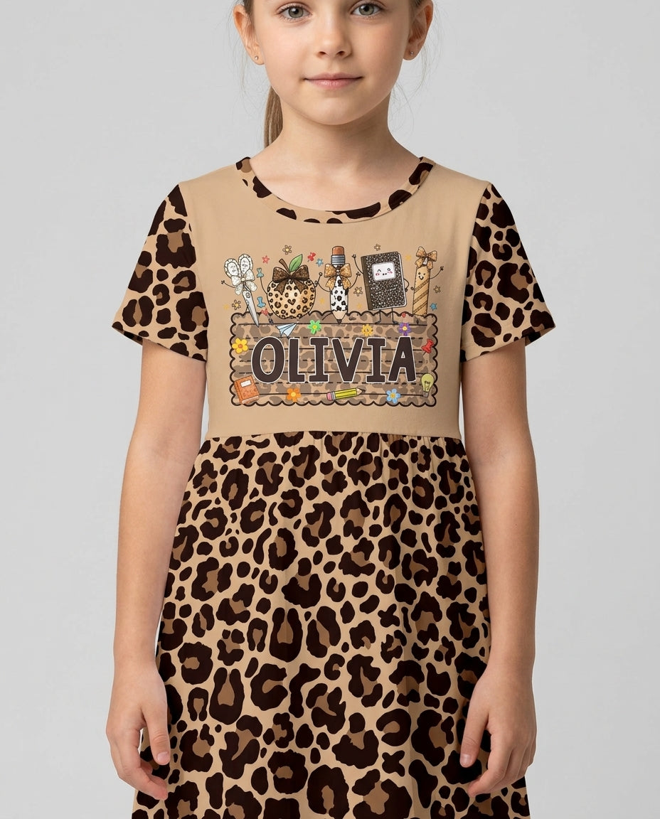 Custom Name School Sweetheart Leopard Bamboo Twirl Dress