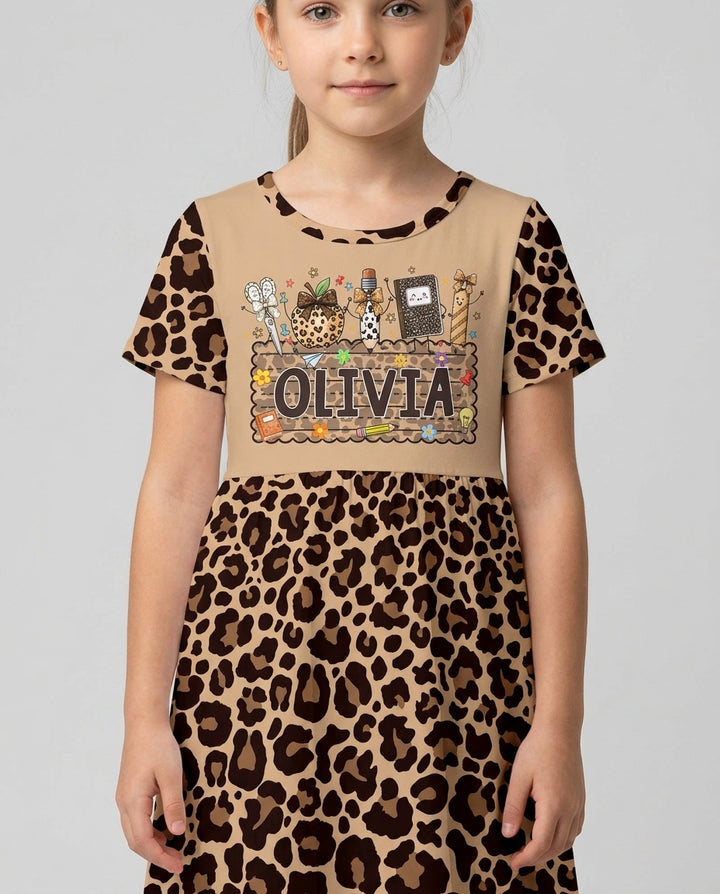 Custom Name School Sweetheart Leopard Bamboo Twirl Dress