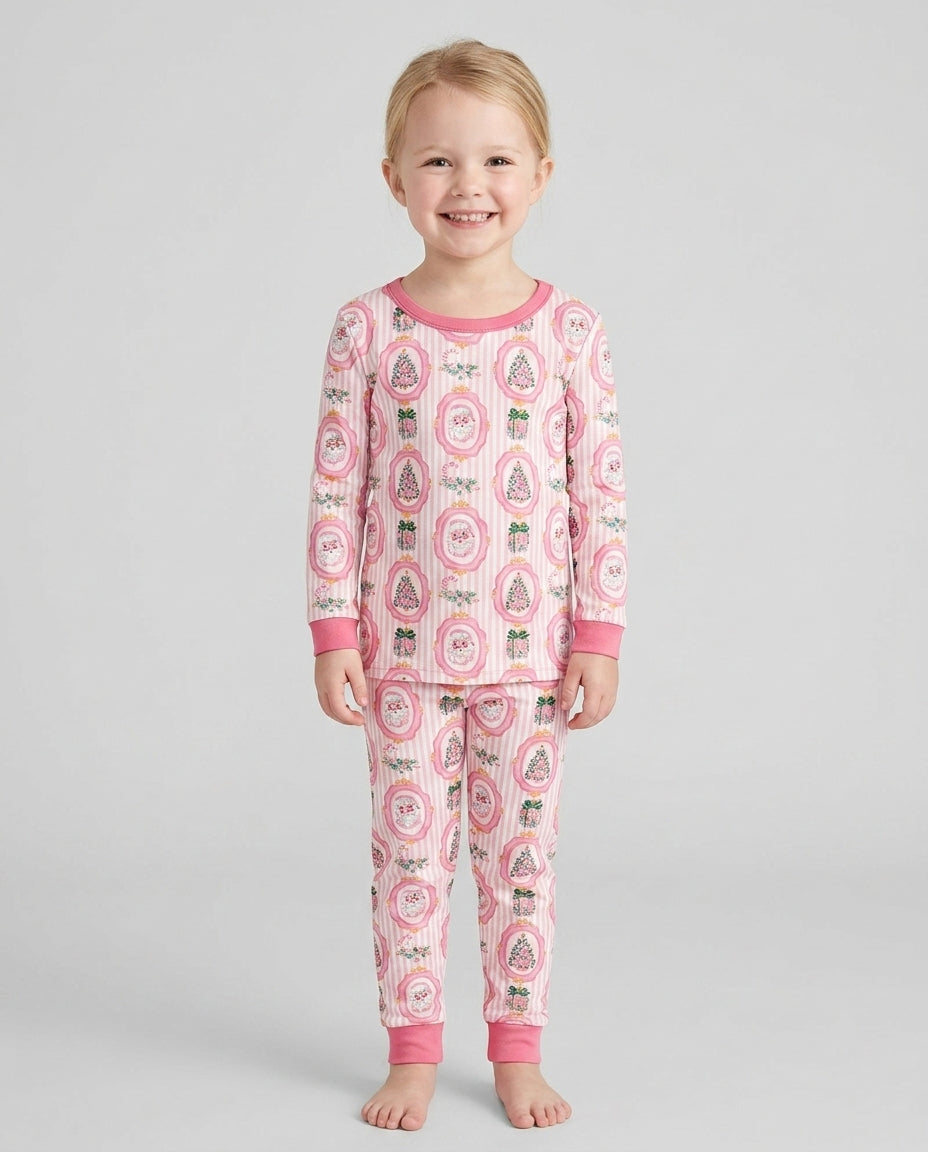 Pink Vintage Christmas Bamboo Two Piece Long Sleeve Pajama Set