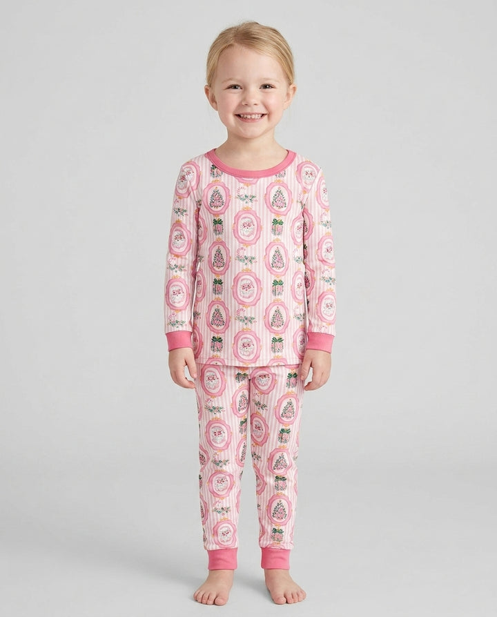 Pink Vintage Christmas Bamboo Two Piece Long Sleeve Pajama Set