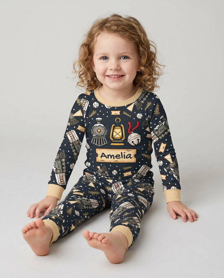 Custom Name Believe Kid Train Bamboo Two Piece Long Sleeve Pajama Set