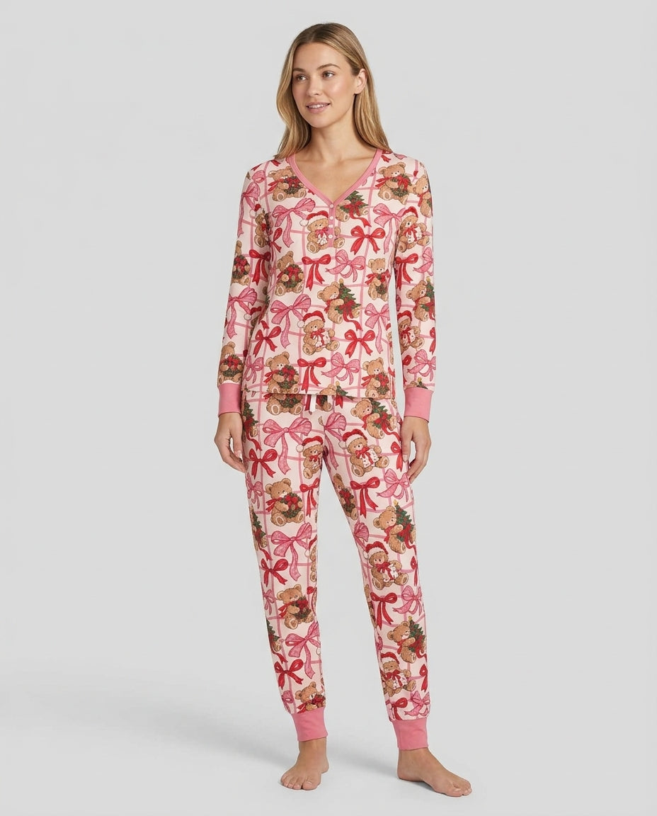 Pink Christmas Teddy Bear Plaid Mommy & Me Matching Bamboo Women Pajama Set