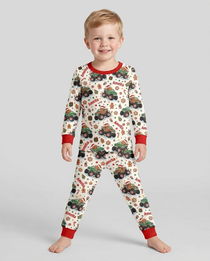 Custom Name Monster Truck Gingerbread Bamboo Two Piece Long Sleeve Pajama Set