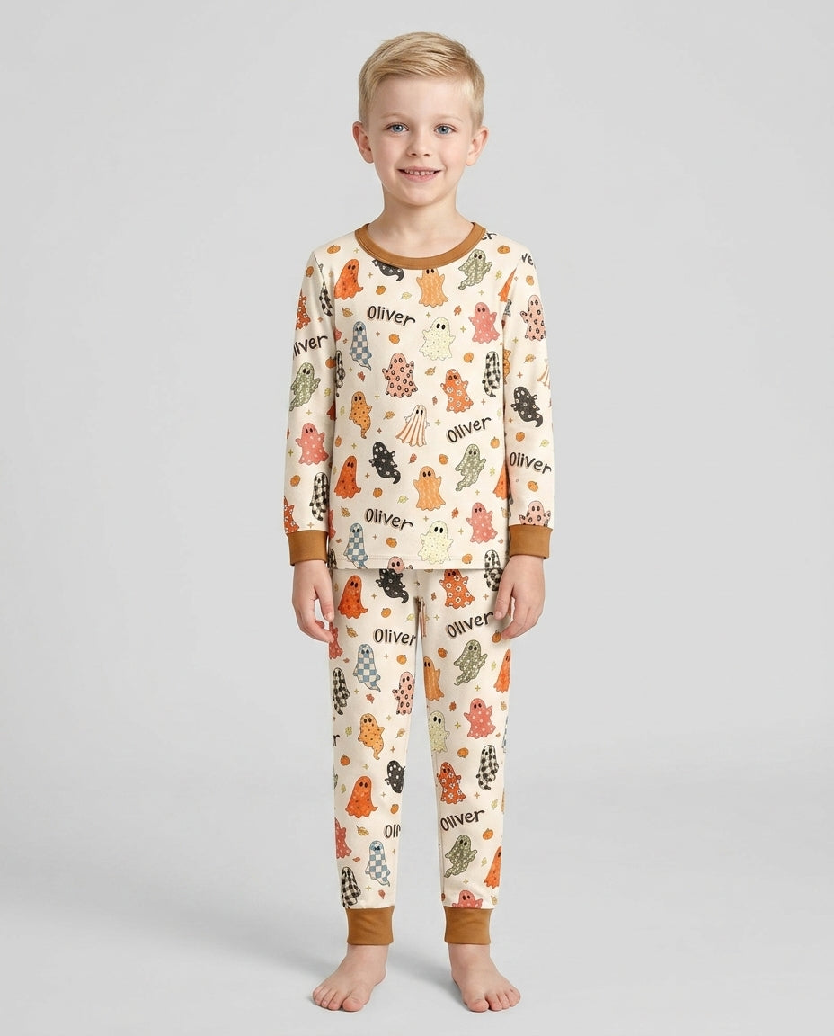 Custom Name Fall Ghost Bamboo Two Piece Long Sleeve Pajama Set