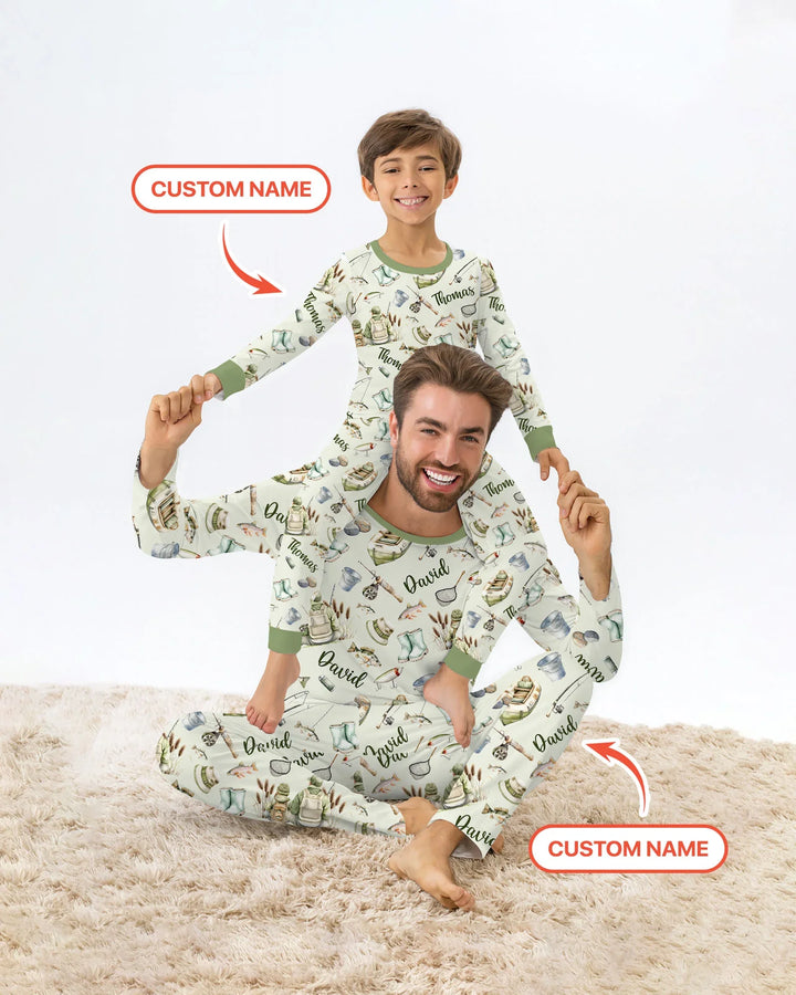Custom Name Fishing Day Daddy & Me Matching Bamboo Two Piece Long Sleeve Pajama Set