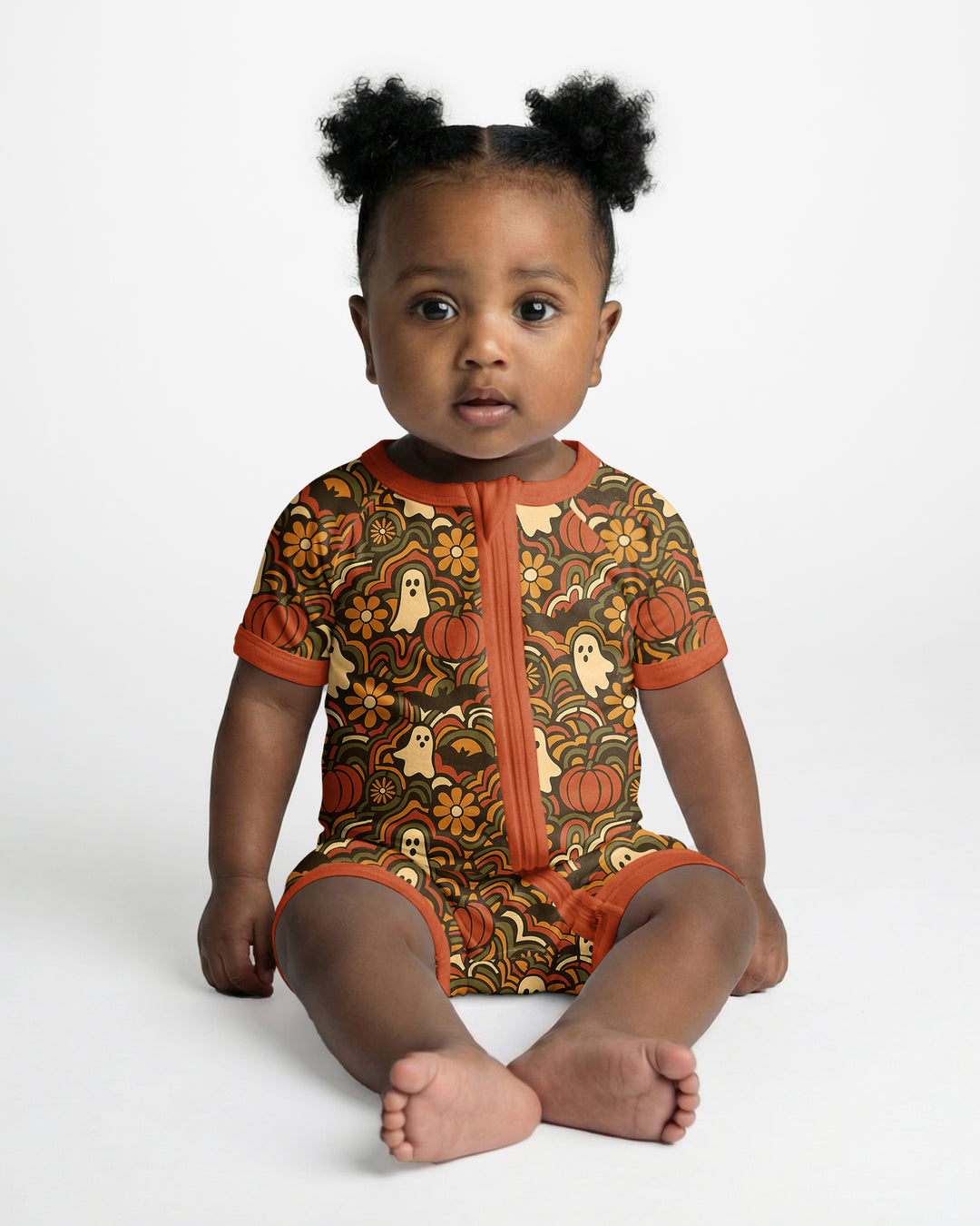 Retro Halloween Ghost Pumpkin Floral Bamboo Shorty Zippy