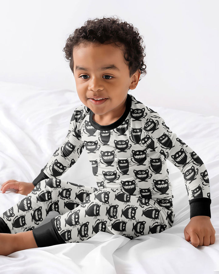 Halloween Monster Cats Bamboo Two Piece Long Sleeve Pajama Set