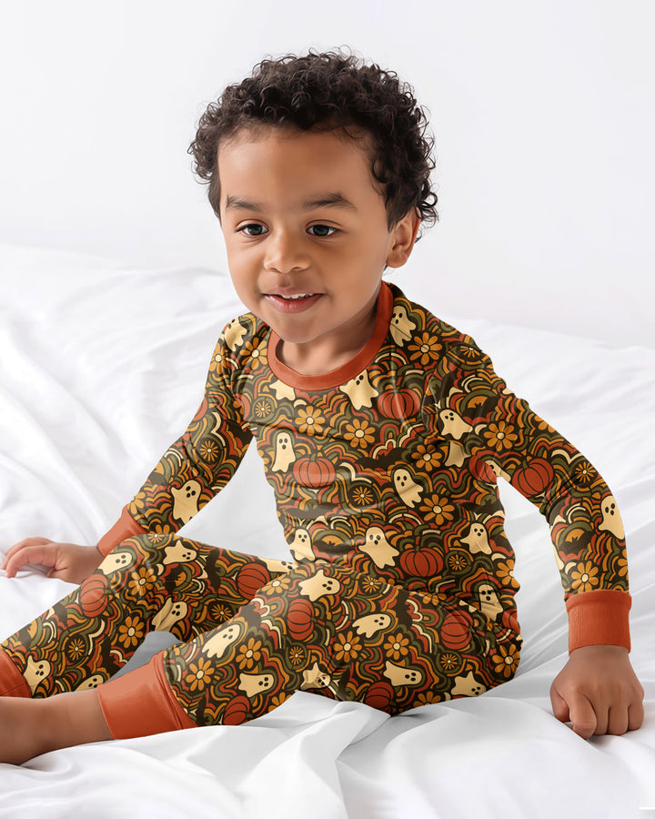 Retro Halloween Ghost Pumpkin Floral Bamboo Two Piece Long Sleeve Pajama Set