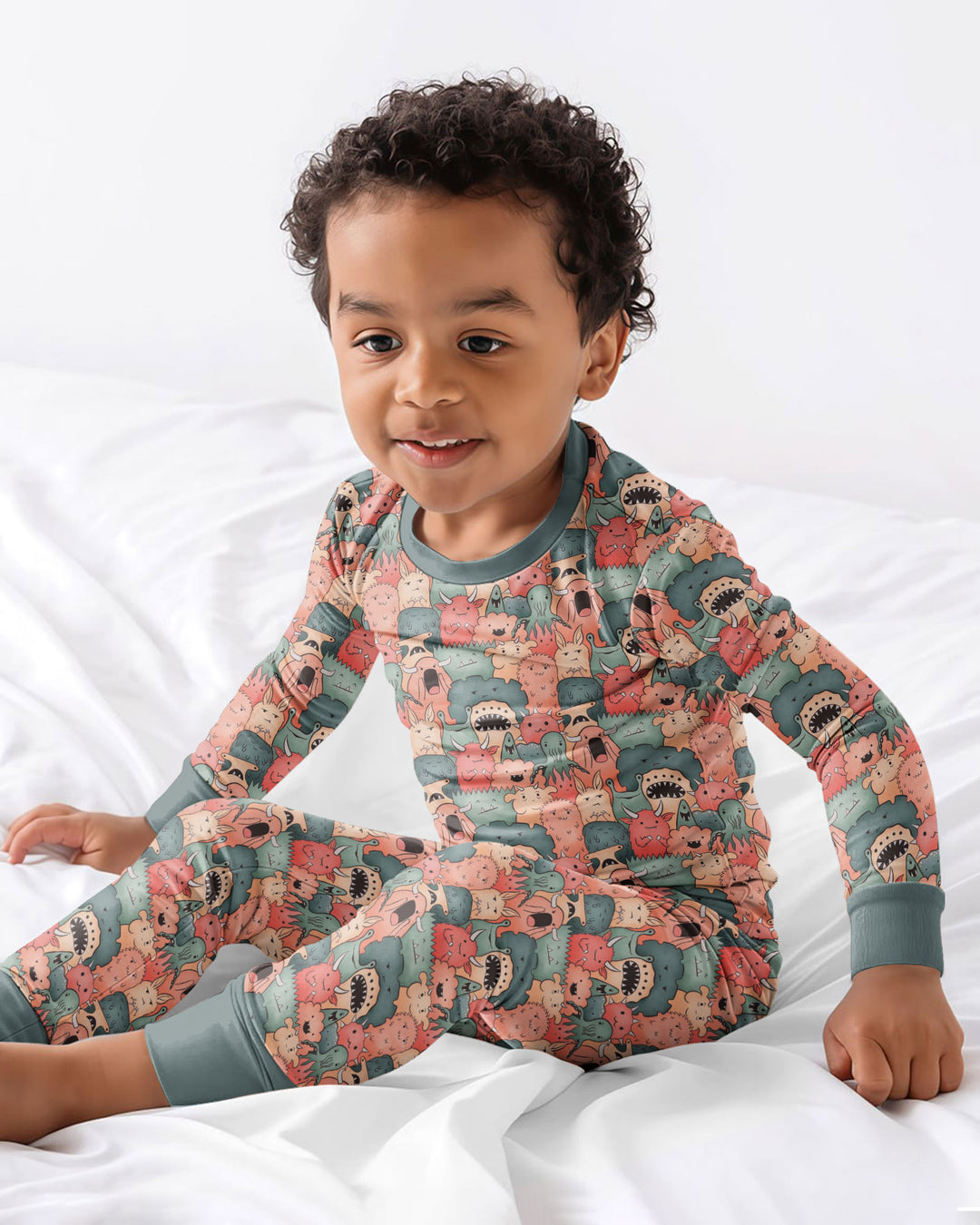 Cute Monster Crowd Bamboo Two Piece Long Sleeve Pajama Set