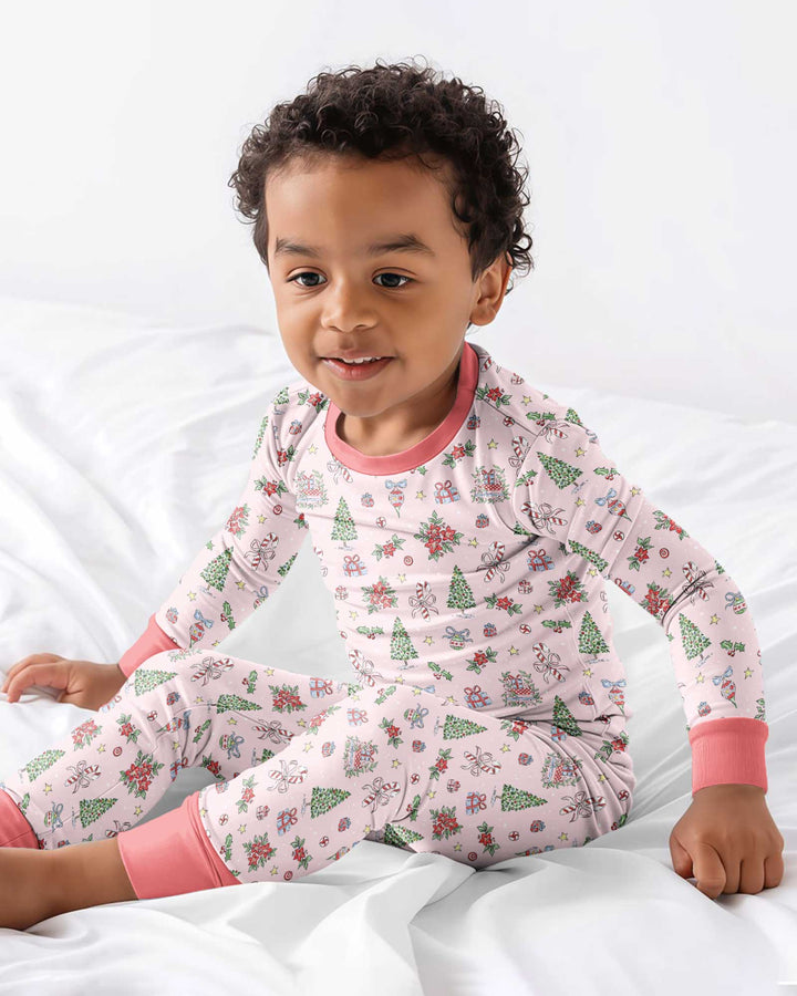 Watercolor Pink Christmas Holidays Christmas Tree Gifts Candy Cane Bamboo Two Piece Long Sleeve Pajama Set