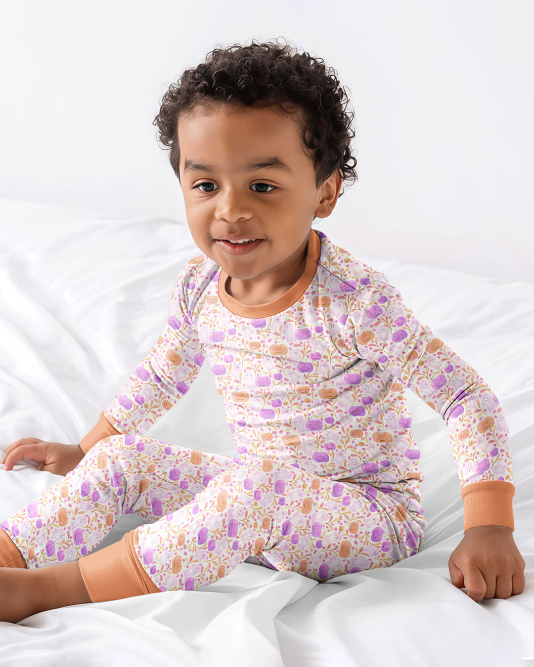 Pastel Pumpkins and Ghosts Bamboo Two Piece Long Sleeve Pajama Set
