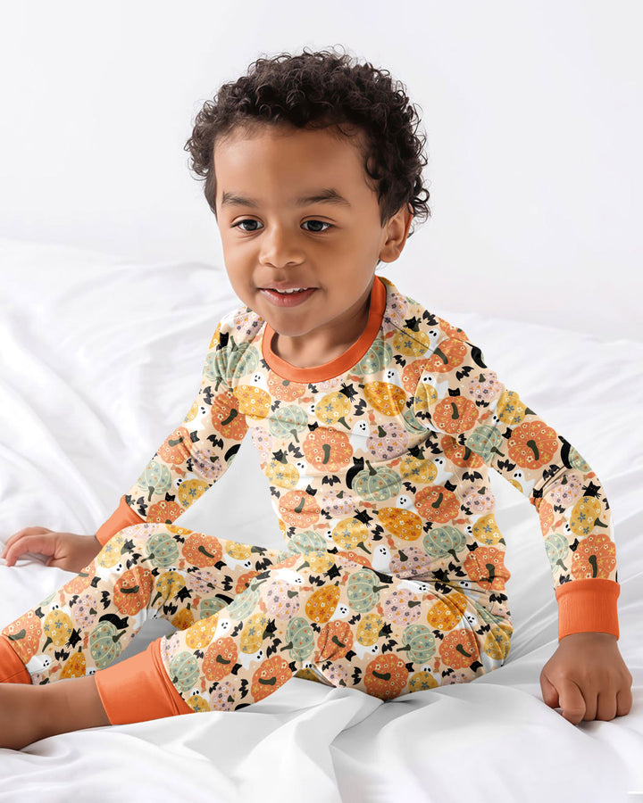 Floral Pumpkin Ghost Halloween Bamboo Two Piece Long Sleeve Pajama Set