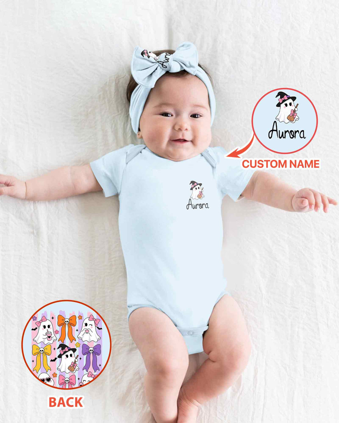 Personalized Pink Bow Ghost Coquette Halloween Bamboo Bodysuit