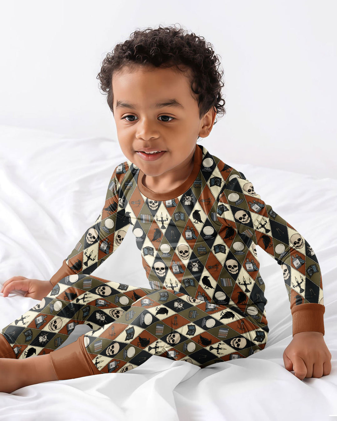 Retro Gothic Halloween Patchwork Bamboo Two Piece Long Sleeve Pajama Set