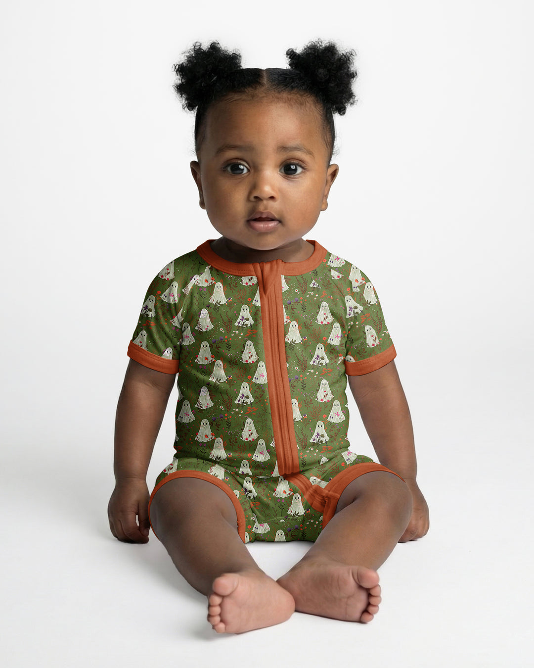 Cute Ghost Halloween Moss Green Floral Bamboo Shorty Zippy
