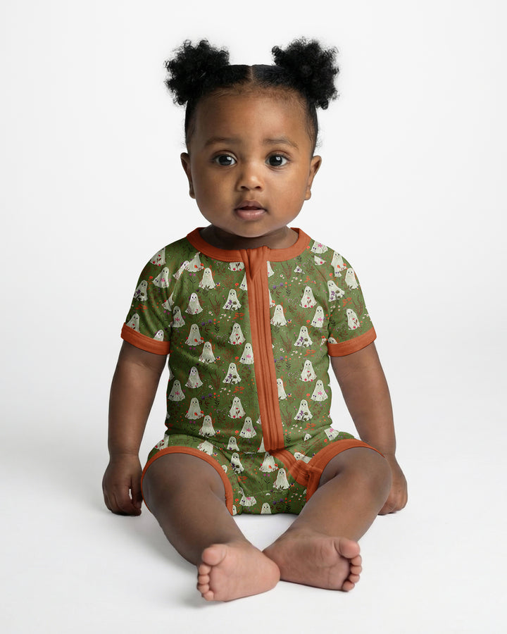 Cute Ghost Halloween Moss Green Floral Bamboo Shorty Zippy