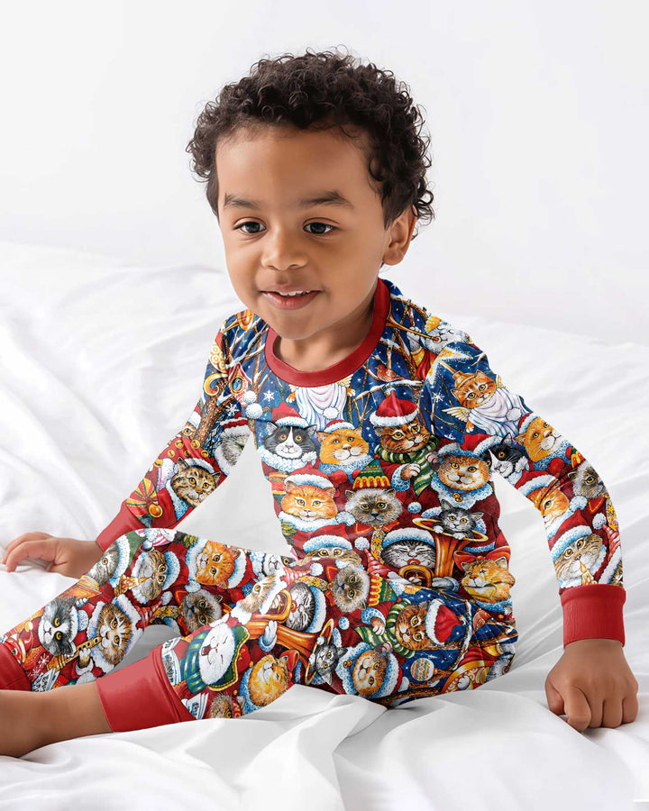 Cats Wear Noel Hat Bamboo Two Piece Long Sleeve Pajama Set
