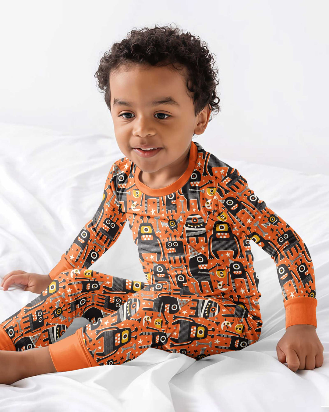 Mid Century Halloween Monster Toss Bamboo Two Piece Long Sleeve Pajama Set