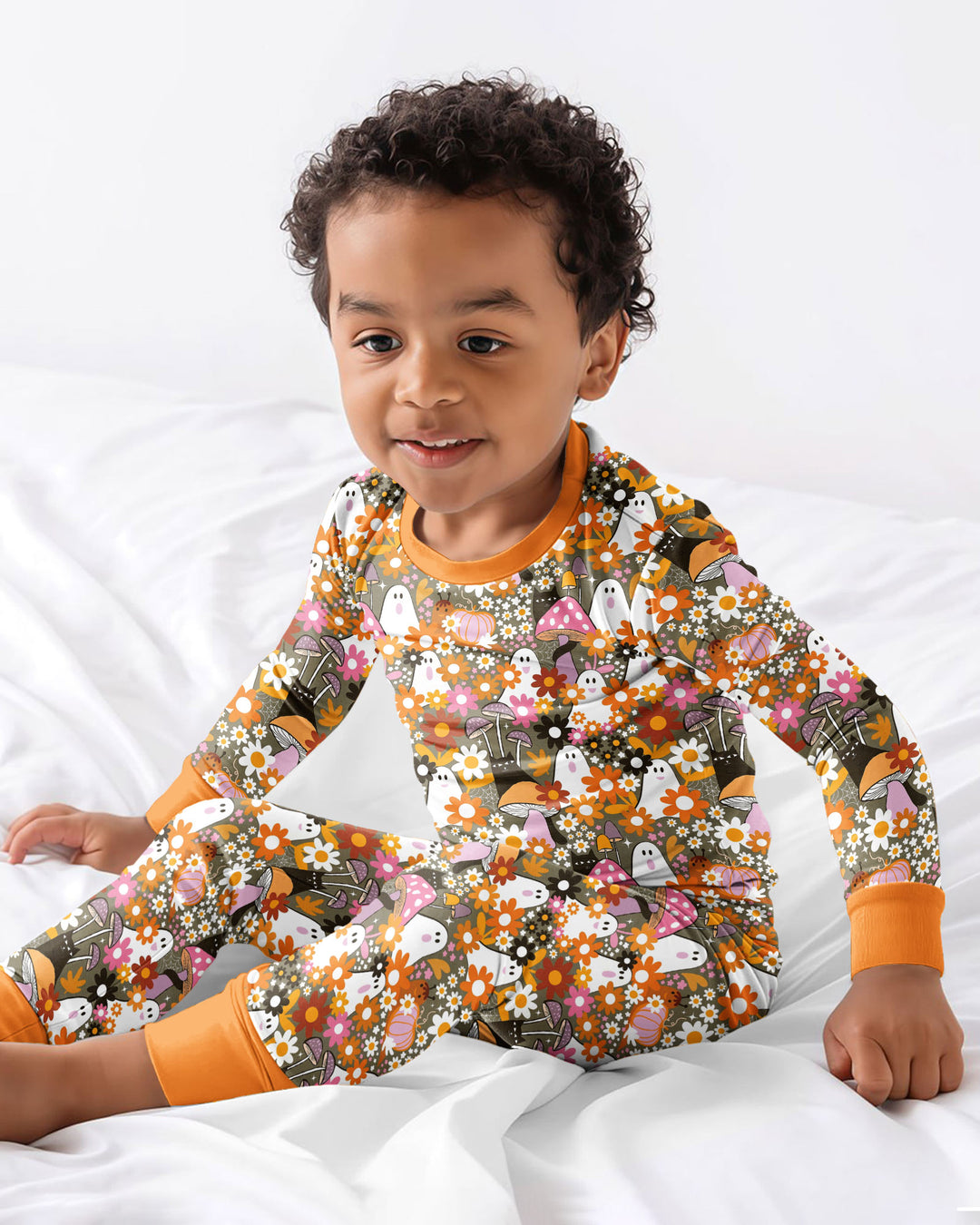 Retro Ghost Mushroom Floral Halloween Bamboo Two Piece Long Sleeve Pajama Set