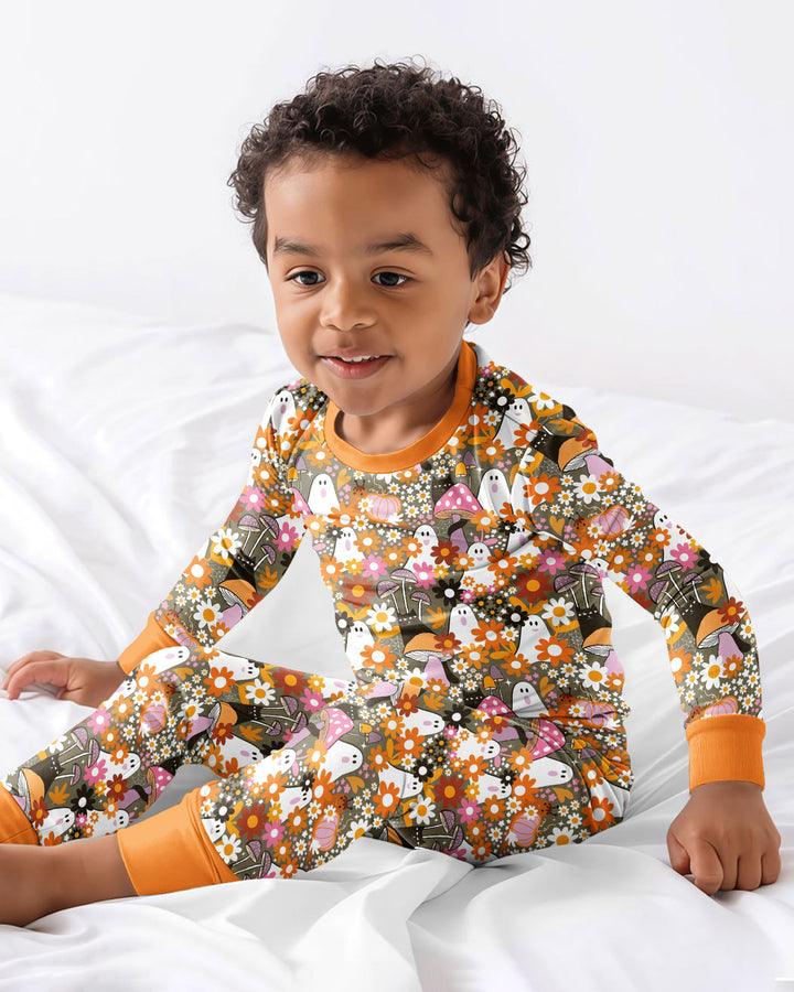 Retro Ghost Mushroom Floral Halloween Bamboo Two Piece Long Sleeve Pajama Set