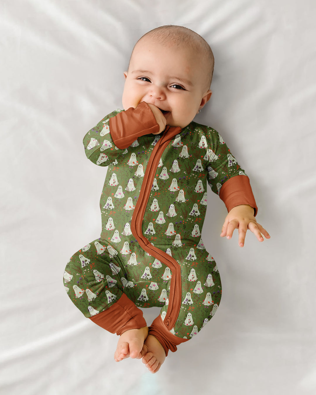 Cute Ghost Halloween Moss Green Floral Bamboo Convertible Zippy