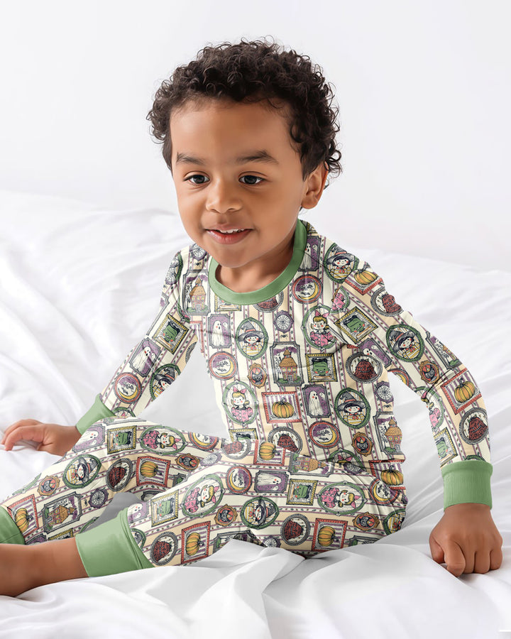 Vintage Halloween Ghost Pumpkin Portraits Bamboo Two Piece Long Sleeve Pajama Set