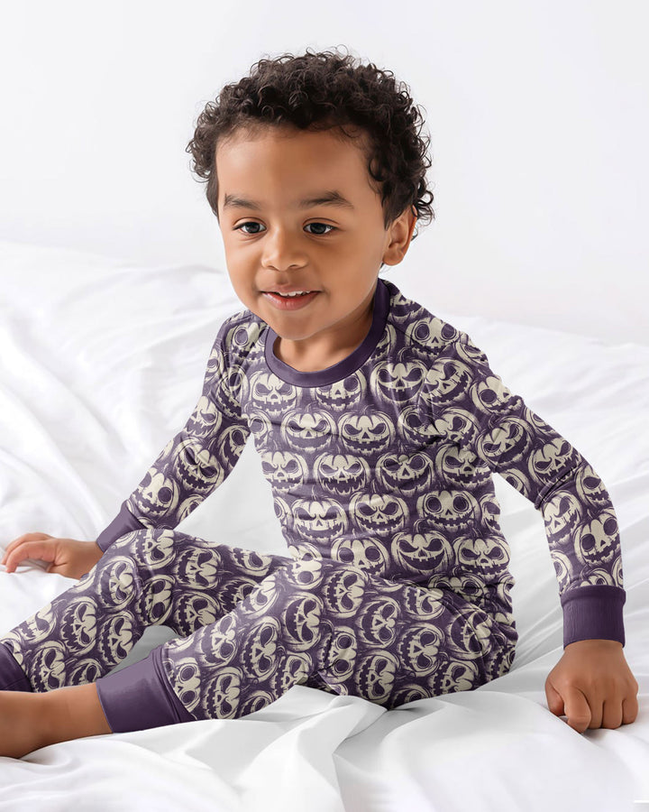 Retro Halloween Jack-O-Lantern Spooky Faces Bamboo Two Piece Long Sleeve Pajama Set