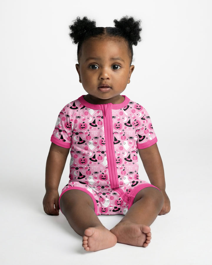 Cute Pink Halloween Ghost Pumpkin Witch Bamboo Shorty Zippy