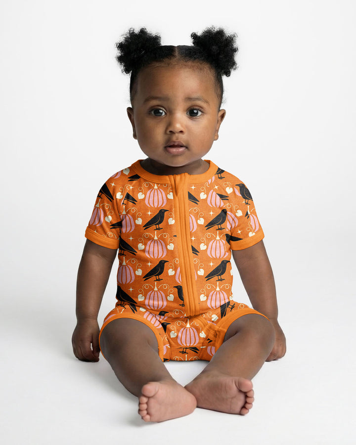 Ravens in a Pumpkin Patch - Orange Pink Bamboo Shorty Zippy