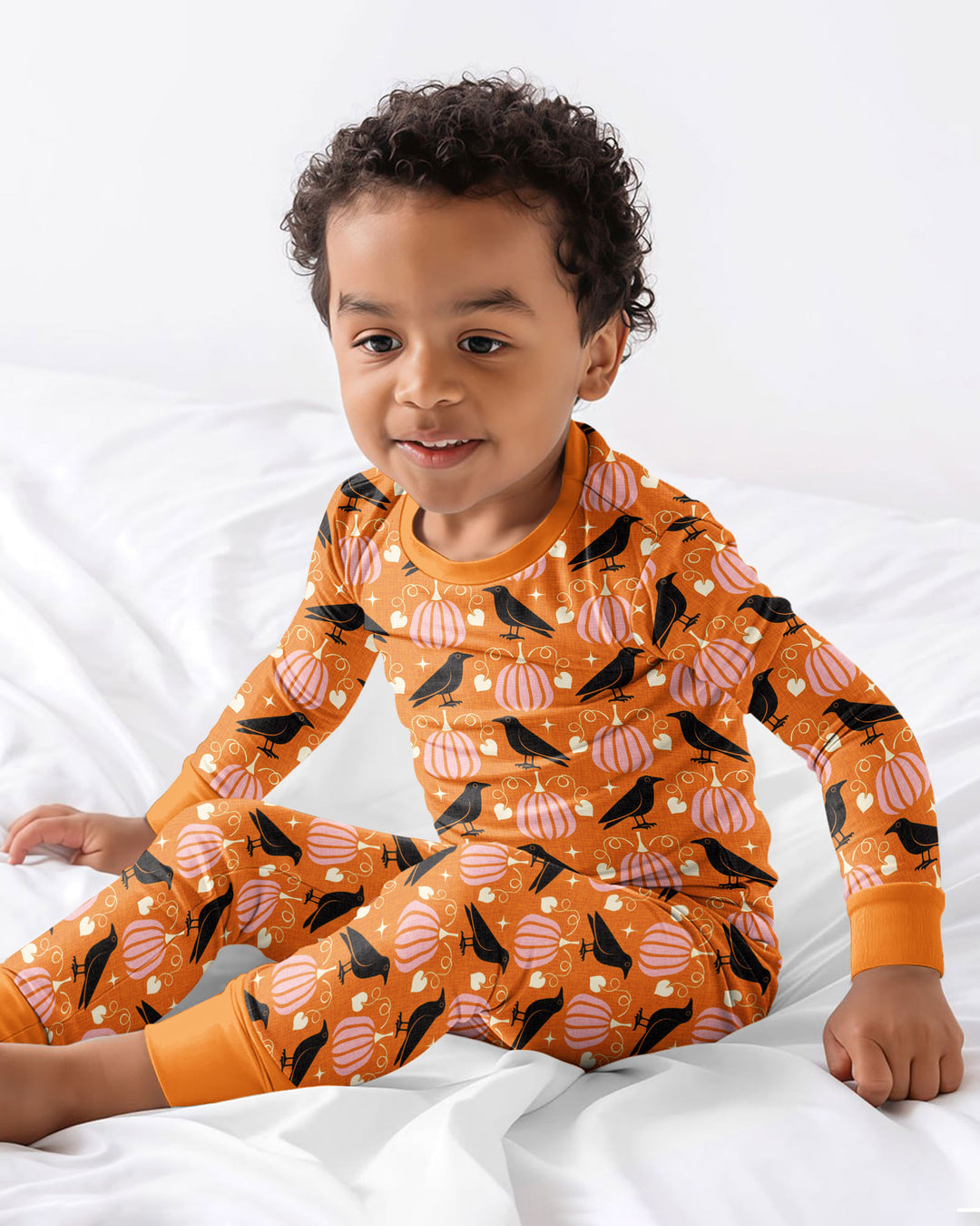 Ravens in a Pumpkin Patch - Orange Pink Bamboo Two Piece Long Sleeve Pajama Set